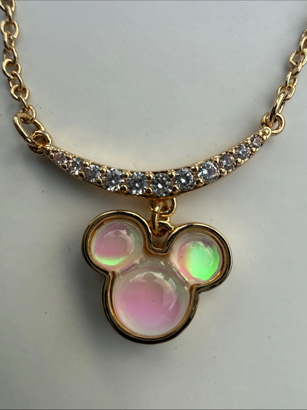 Disney Gold-Tone Iridescent Pink Mickey Mouse Cubic Zirconia Pendant Necklace